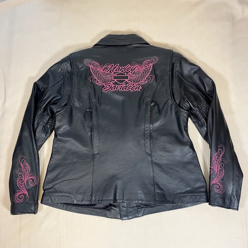 Harley Davidson Leather Short Jacket Pink Wings Embroidered Riding Gear Vintage